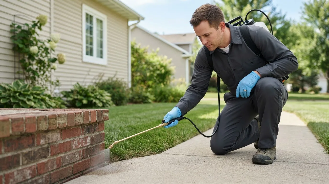 Pest control technician treating a home near South Plymouth, NY