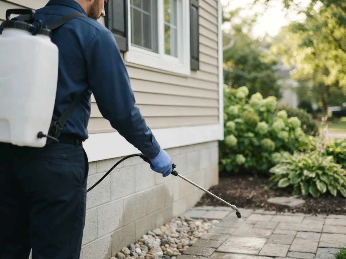 Pest control technician inspecting a home in South Plymouth, NY
